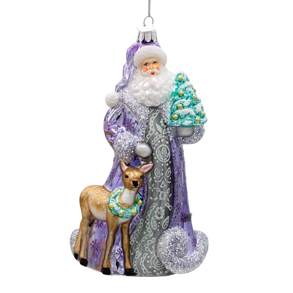 Bellissimo 7-Inch Periwinkle Santa Glass Ornament with Deer