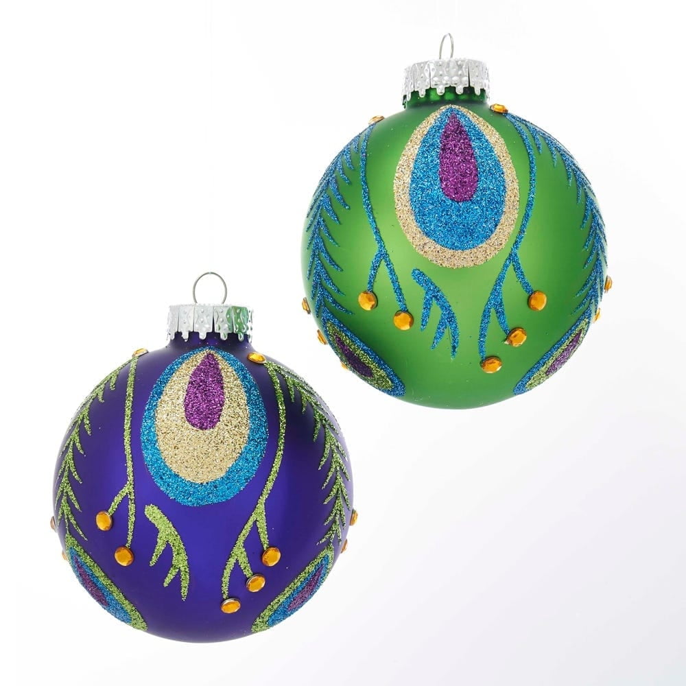 Peacock Green and Purple Glass Ball Ornament Set of 6