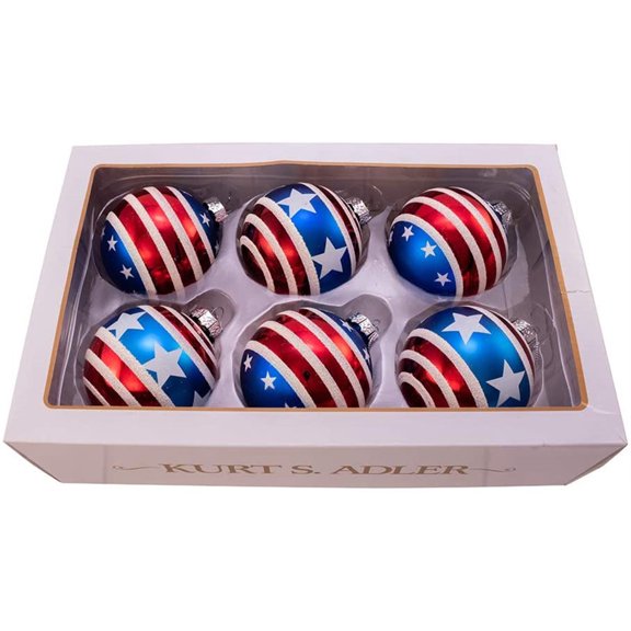 KSA 6ct Red and Blue Stars and Stripes Glass Christmas Ball Ornaments 3" (80mm)