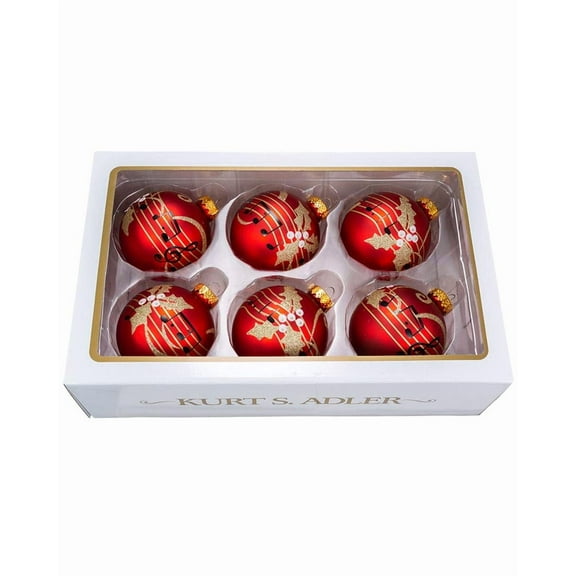 Kurt Adler 80MM Red With Music Notes Glass Ball Ornaments, 6-Piece Box