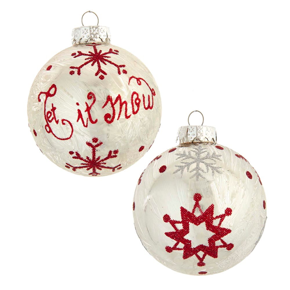 80MM Silver and Red Snowflake Glass Ball Ornaments, Set of 6
