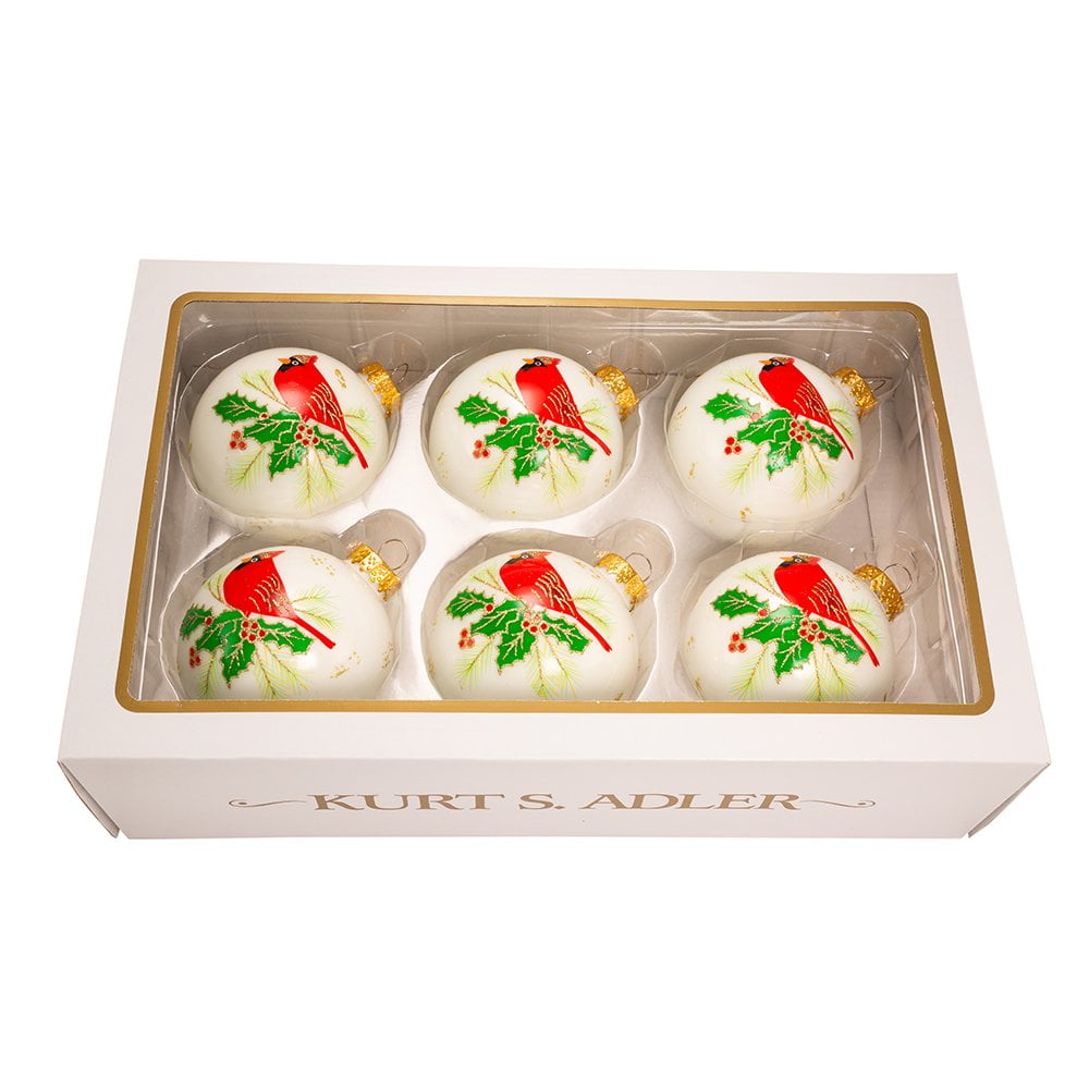 White Glass Ball Ornaments with Red Cardinal Design, Set of 6
