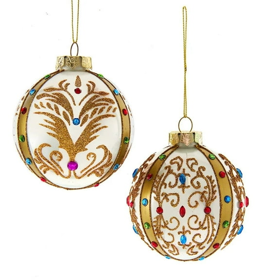 Kurt Adler 80mm White and Gold Jeweled Ball Christmas Ornaments, 2-Piece Set