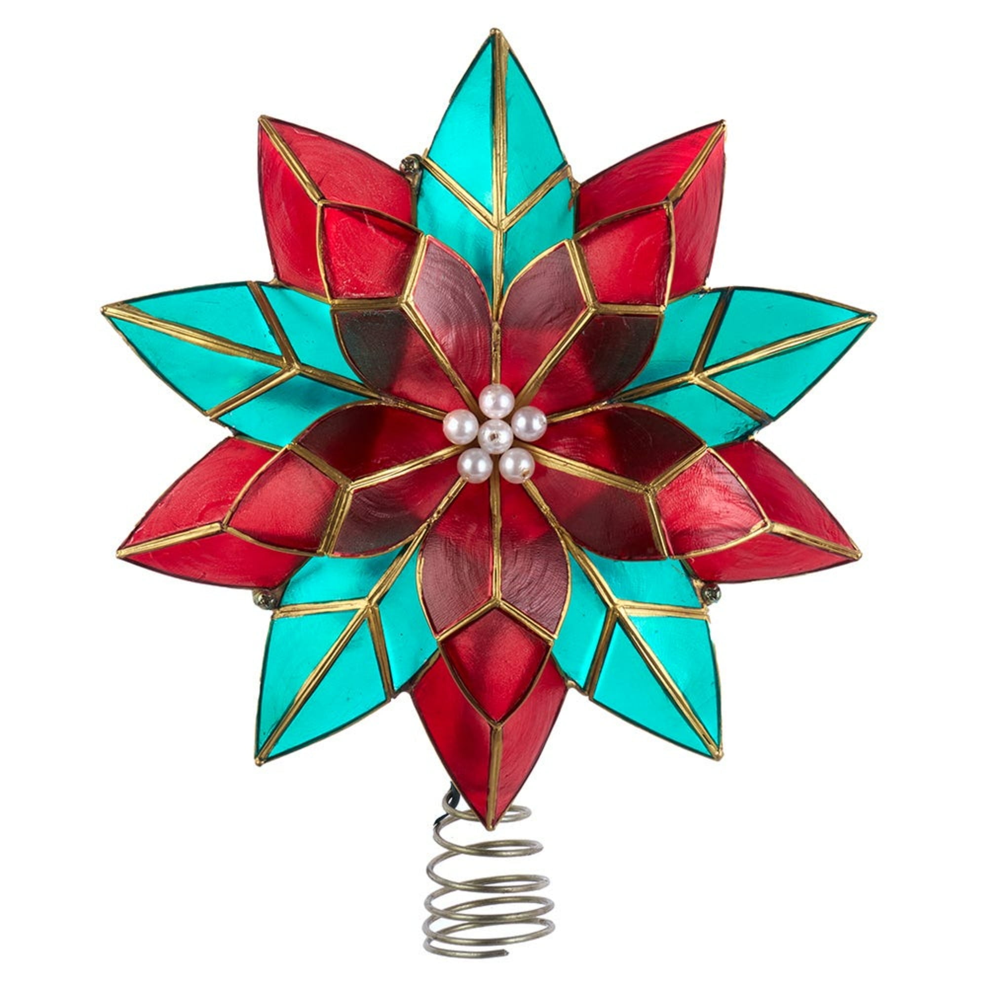 9.5-Inch Red and Green Capiz Shell Poinsettia Tree Topper with Warm White Lights
