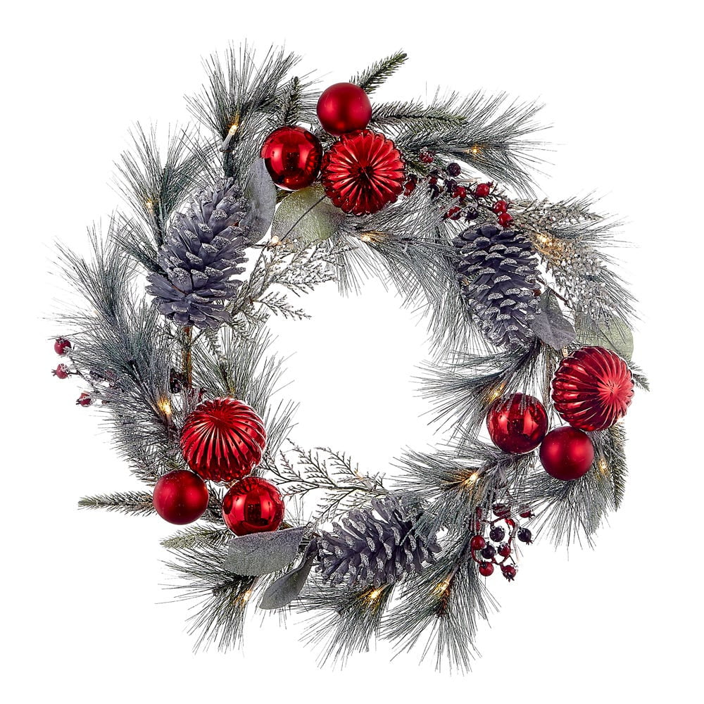 22-Inch Silver Pinecone and Red Ornament Lighted Christmas Wreath