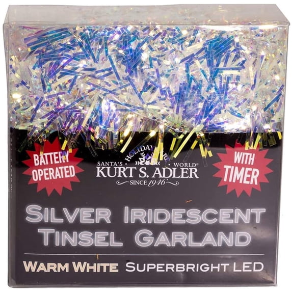 Kurt Adler Battery Operated Pre-Lit, 20 Warm White LED Light Iridescent Tinsel Garland, 6.5ft