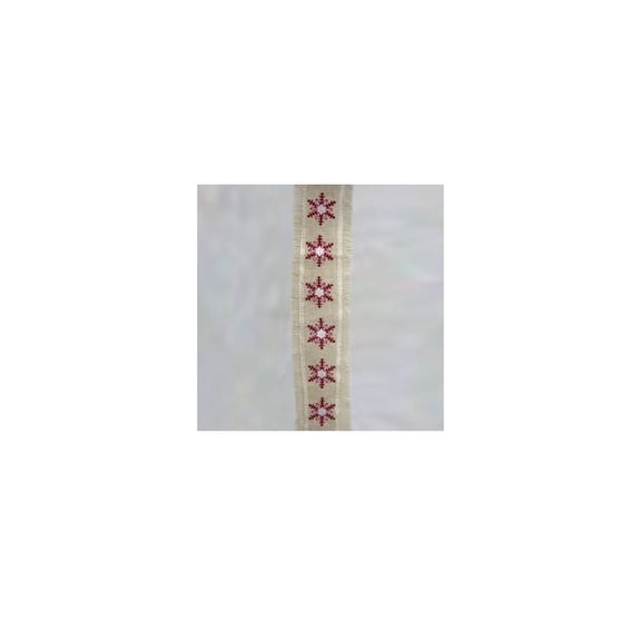 Kurt Adler Beige and Red Snowflake Embroidered Christmas Ribbon with Fringe Border 4" x 5 Yards