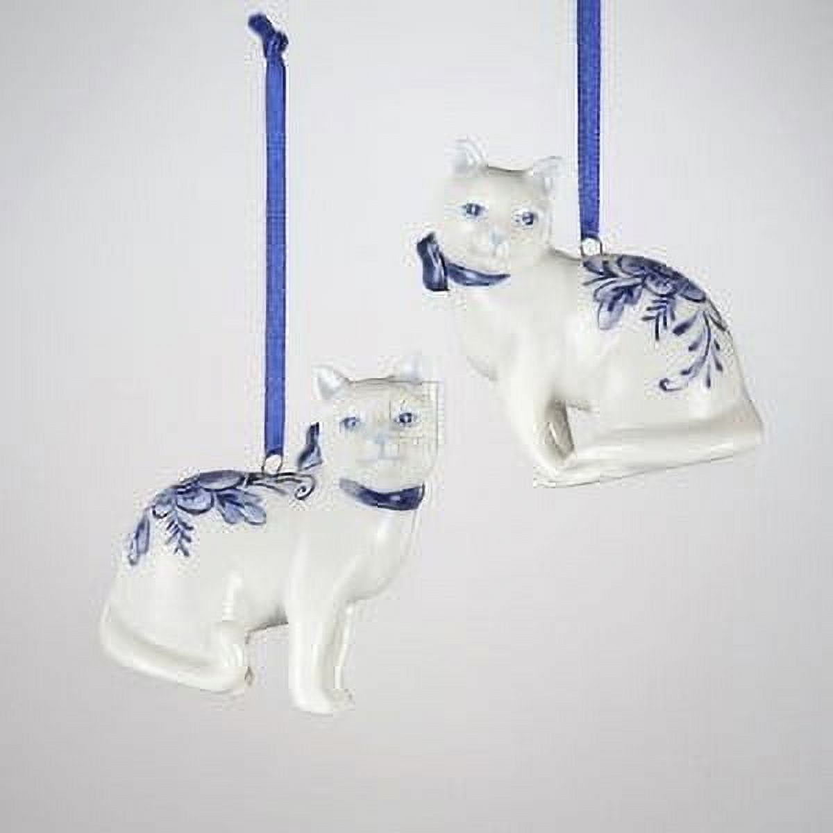 Porcelain Delft Blue Floral Cat Christmas Ornaments Set of 2
