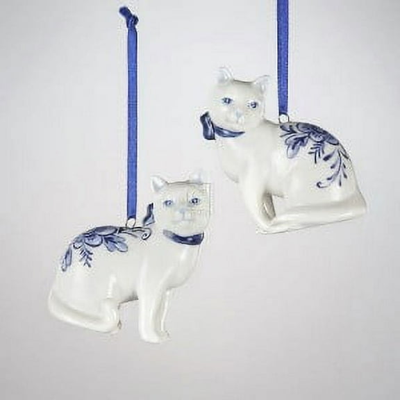 Kurt Adler Blue and White Kitty Cats Holiday Ornaments Set of 2 Porcelain