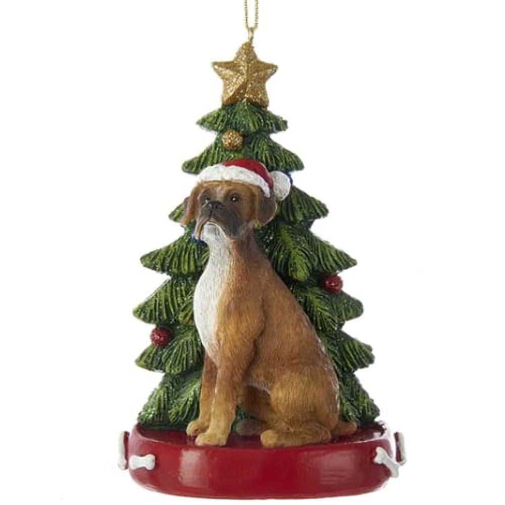 Boxer with Christmas Tree Resin Ornament
