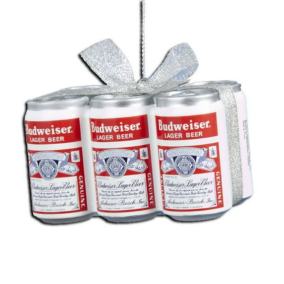1.75" Budweiser Vintage 6-Pack Cans with Glittered Silver Bow Decorative Christmas Ornament