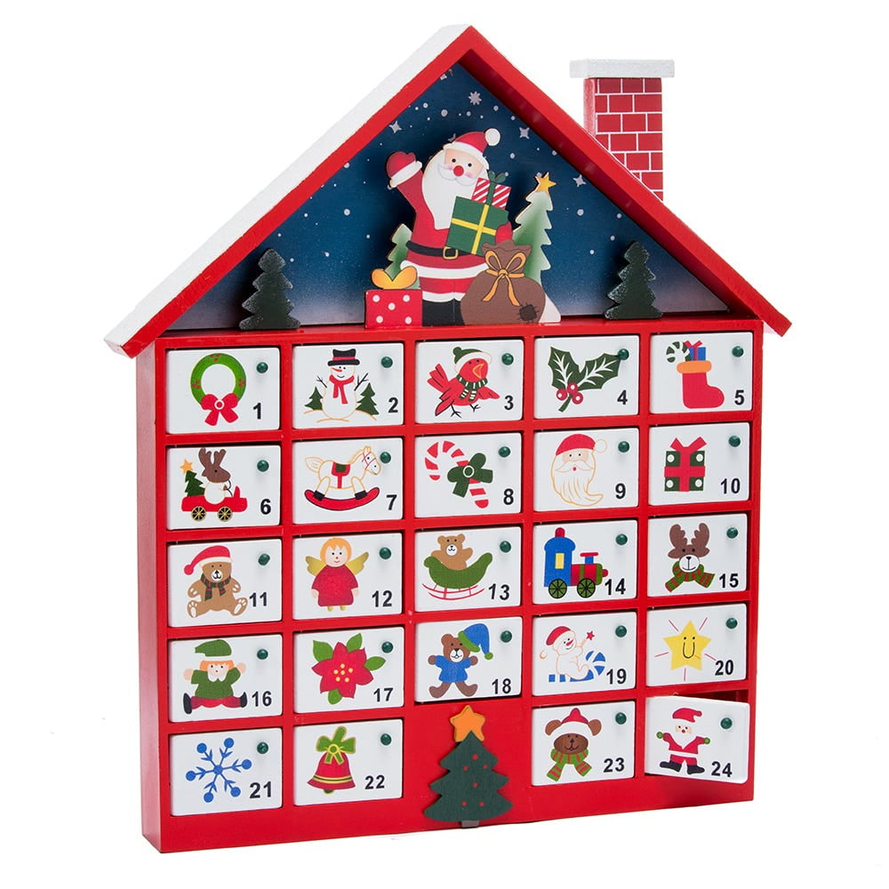 16-Inch Red and White Wooden Santa House Advent Calendar