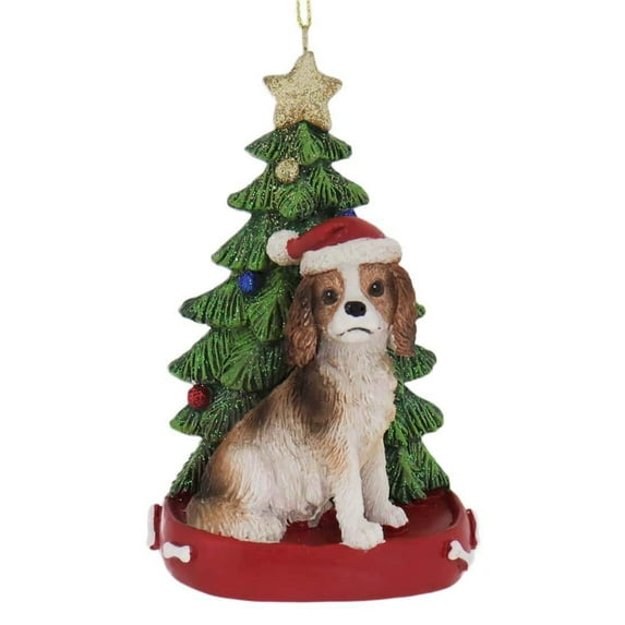 Kurt Adler CAVALIER KING CHARLES WITH CHRISTMAS TREE ANE LIGHTS ORNAMENT FOR PERSONALIZATION
