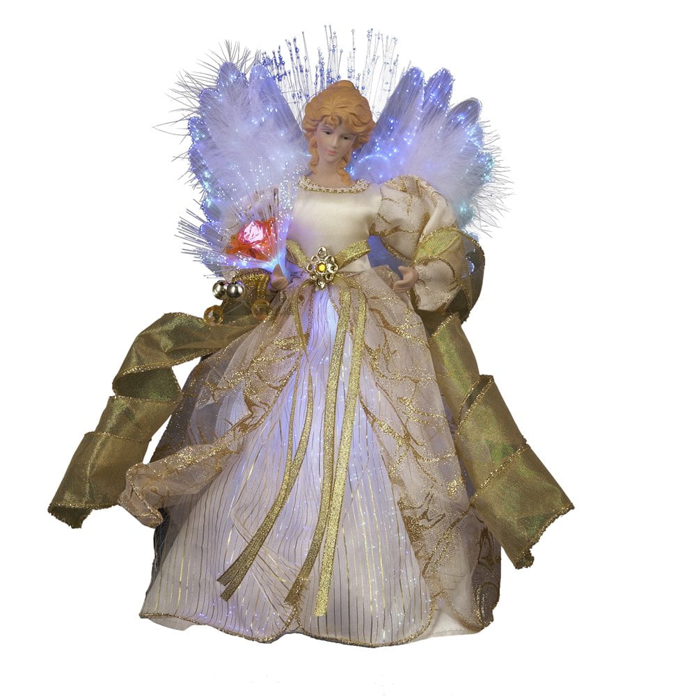 Kurt Adler 14" Fiber Optic Angel Tree Topper - Ivory & Gold, LED-Animated With Feather Wings