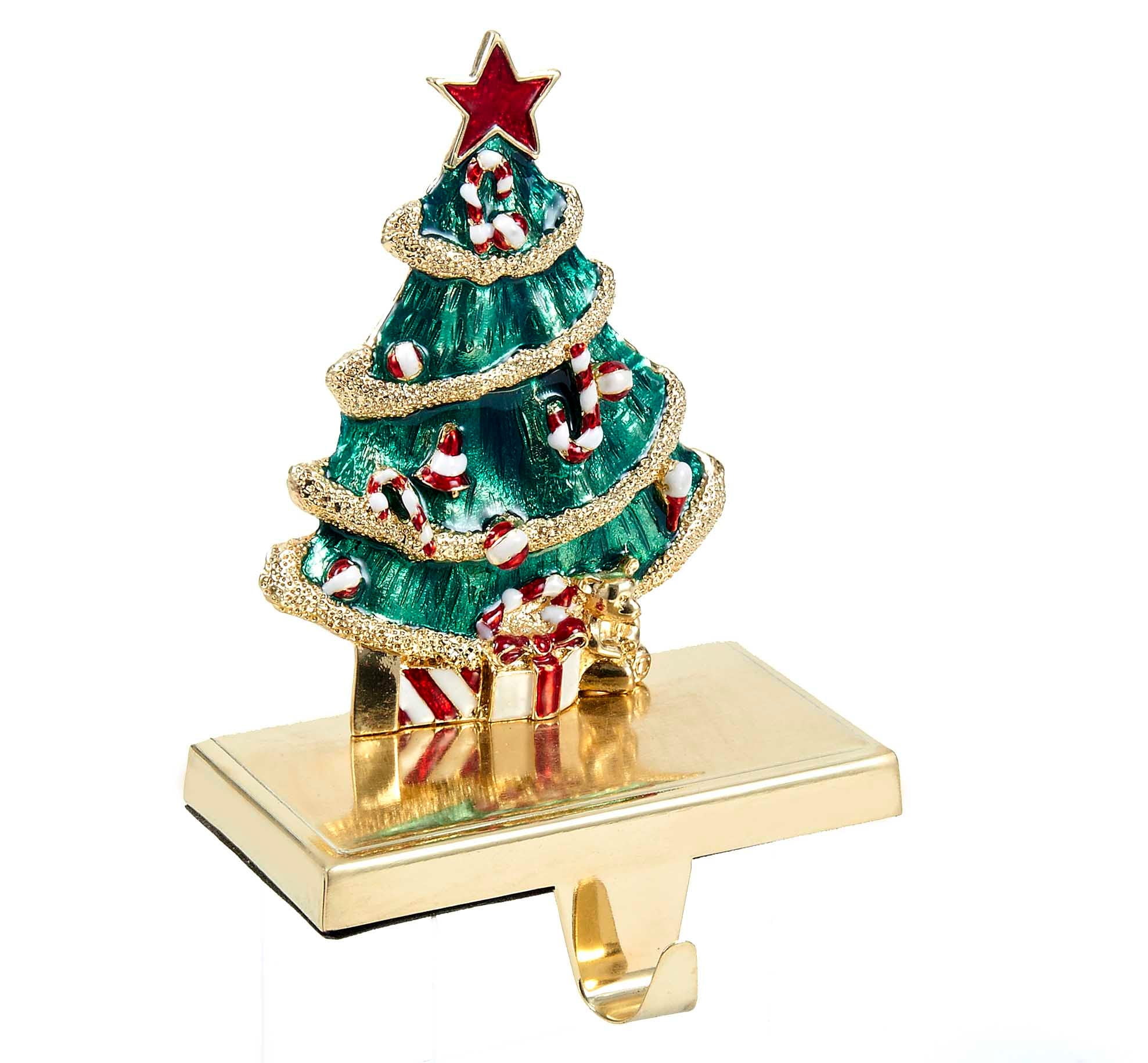 Gold and Green Christmas Tree Stocking Hanger with Ornaments