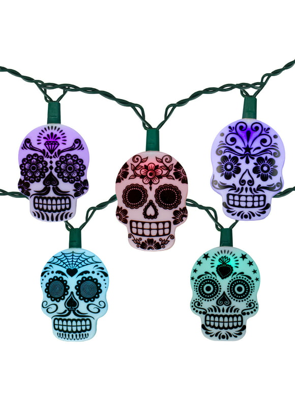 Kurt Adler Day of the Dead Multi-color Changing Skull 10 LED String Lights Halloween Holiday Lighting, 132"