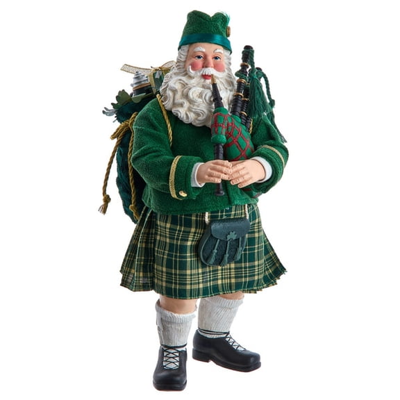 Kurt Adler Fabrich Musical Irish Bagpiper Santa Figurine 10.5 Inch