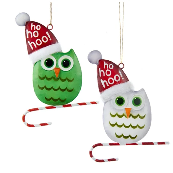 Kurt Adler Green And White Wintry Owls In Santa Hats Ornaments Set Of 2