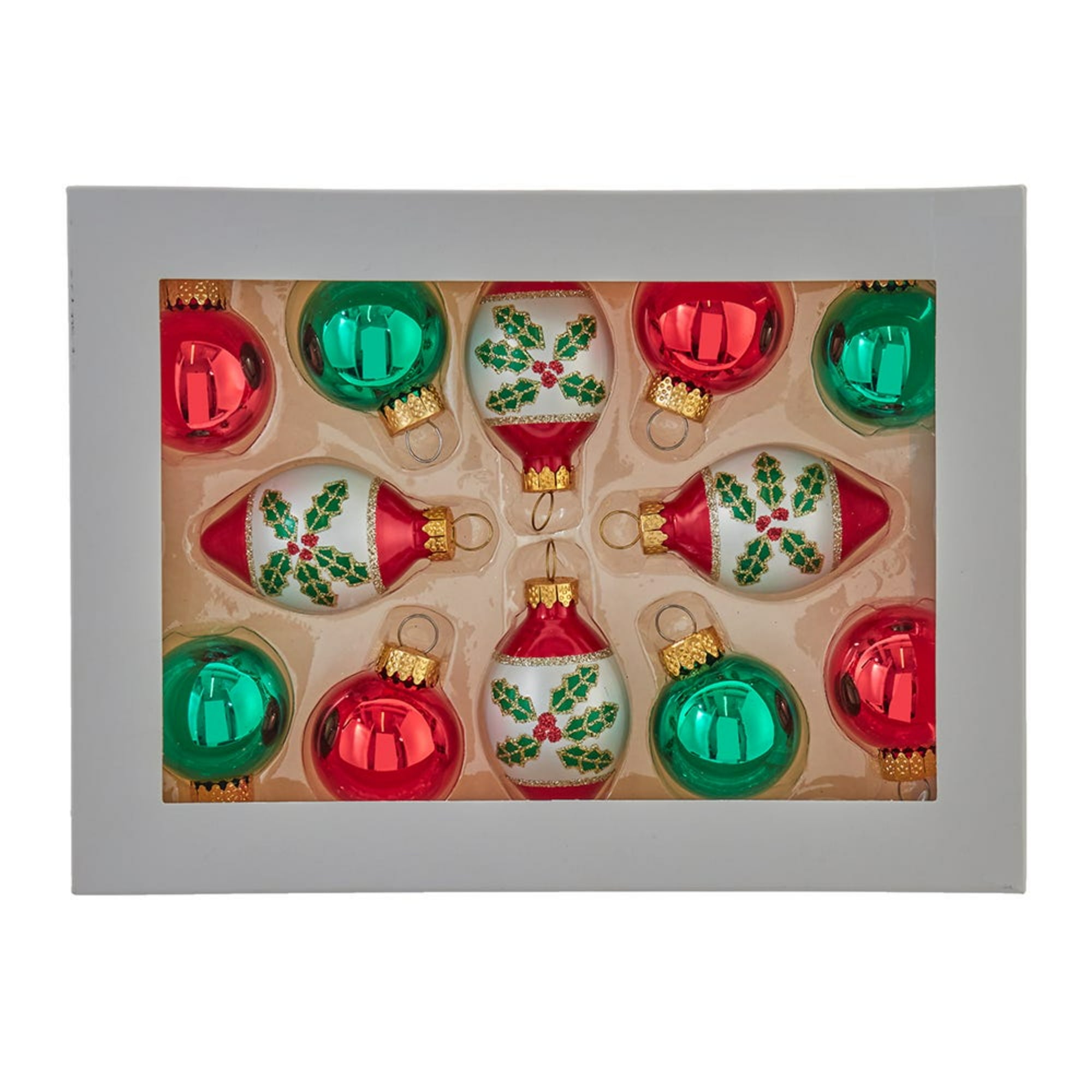 Kurt Adler Miniature Glass Ball and Finial Christmas Tree Ornament Set, Red and Green 1.5" (12-Count)