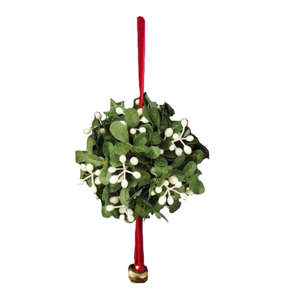 Green and White Plastic Mistletoe Ball Ornament with Red Ribbon and Gold Bell, 9"