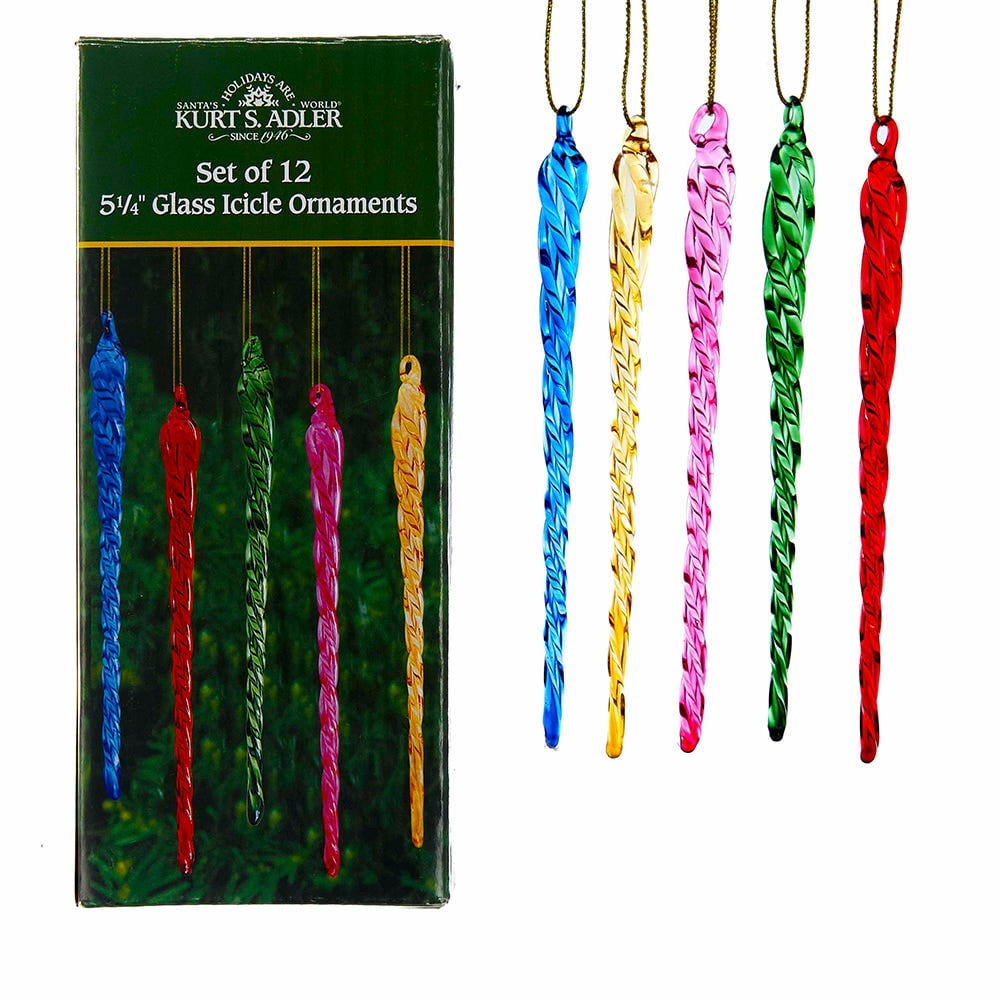 Multicolored Twisted Glass Icicle Ornament Set, 12 Pieces