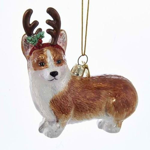 Kurt Adler Noble Gems 4.25-Inch White and Brown Pembroke Welsh Corgi with Antlers Christmas Ornament