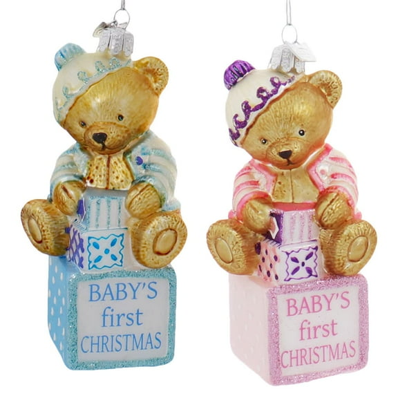 Kurt Adler Noble Gems Boy and Girl Teddy Bear on Blocks Baby's First Christmas Glass Ornament, Assorted (Pack of 2)