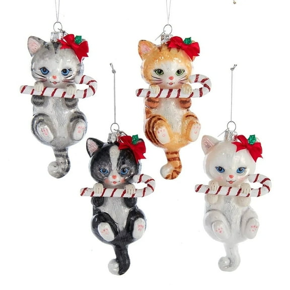 Kurt Adler Noble Gems Glass Cat With Candy Cane Ornaments, Set of 4, Assortment