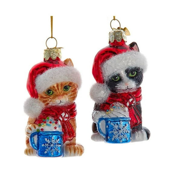 Kurt Adler Noble Gems Glass Kitten With Hot Cocoa Christmas Ornaments, 2-Piece Set
