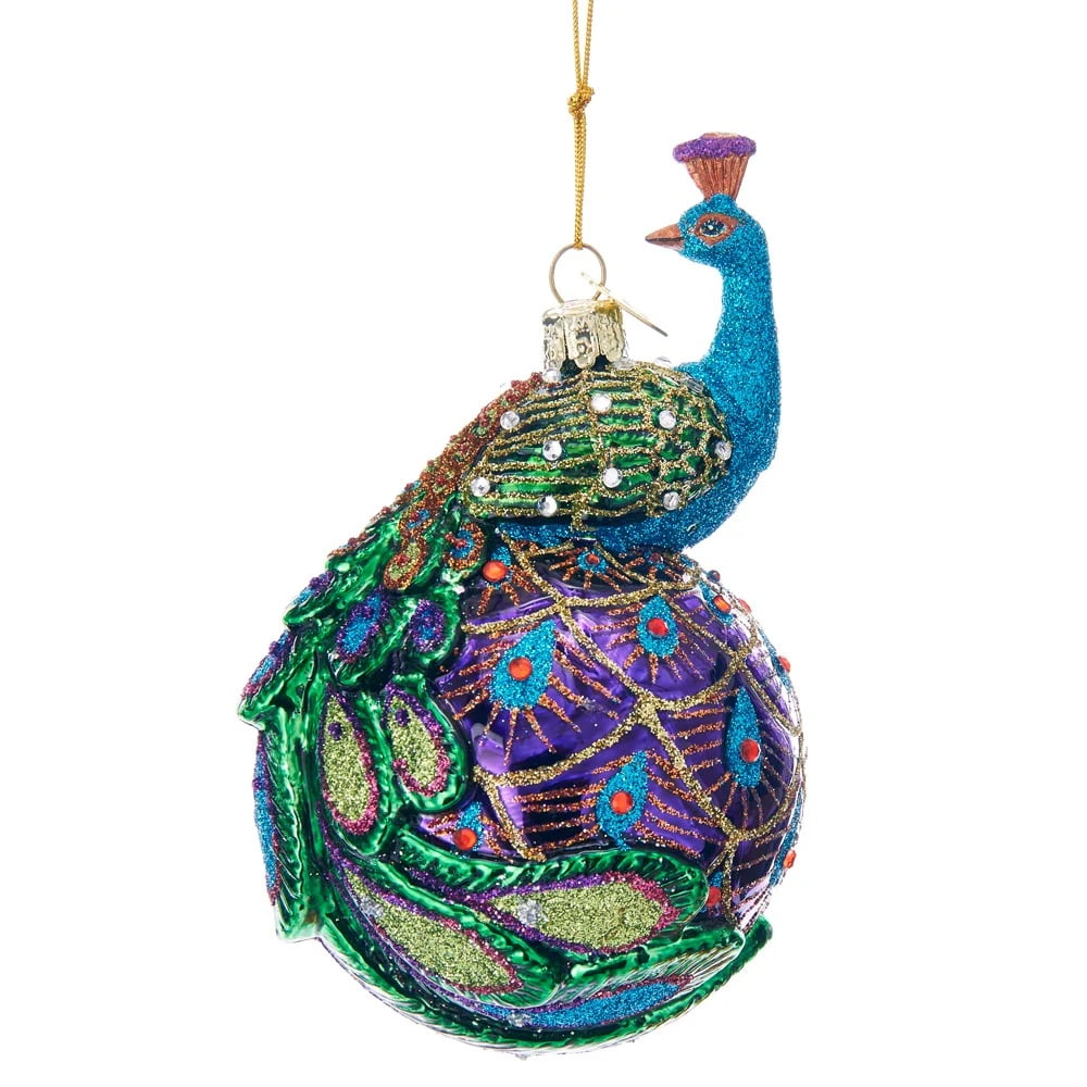 Majestic Peacock Glass Christmas Ornament with Glitter