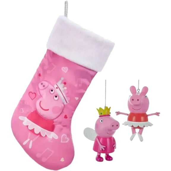 Kurt Adler Peppa Pig Christmas Ornaments and Stocking Set of 3-2 Peppa Ballerina Princess Holiday Tree Ornaments & Stocking - Officially Licensed - Gift for Kids