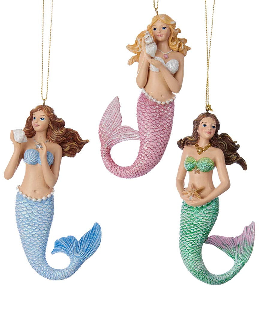 Set of 3 Pink, Blue, and Green Resin Mermaid Ornaments