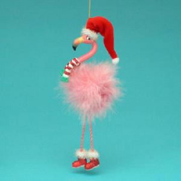 Kurt Adler Pink Flamingo in Santa Hat and Pink Boa Feathers Holiday Ornament