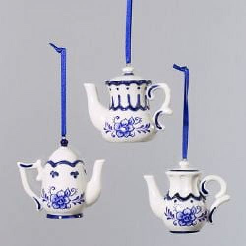 Kurt Adler Porcelain Delft Blue Teapot Ornament, Set OF 3