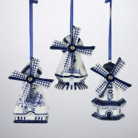 Kurt Adler Set of 3 Porcelain Delft Blue Windmill Christmas Ornaments Elegant Holiday Dcor