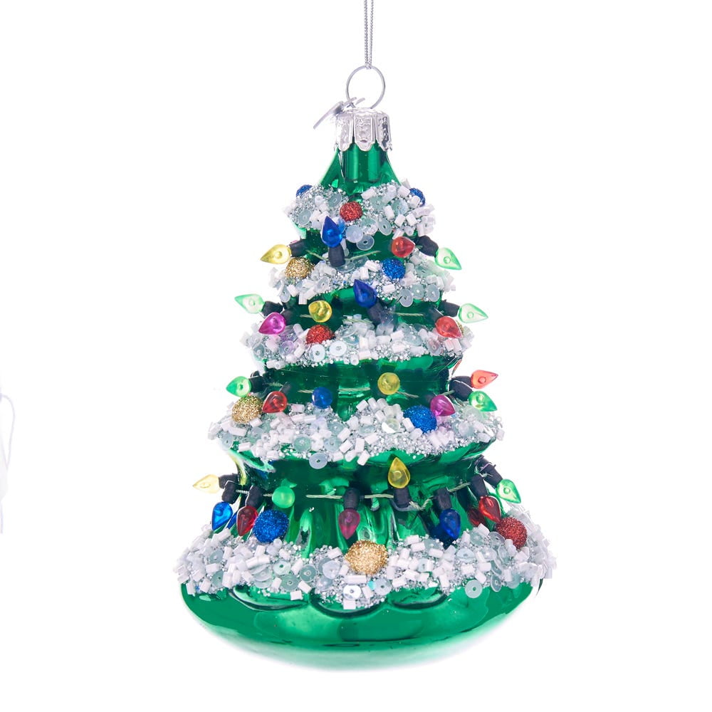 Traditional Green Glass Christmas Tree Ornament with Multicolor Lights