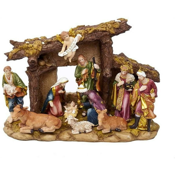 Kurt Adler Resin Nativity Set with Figures and Stable - 11-Piece Set