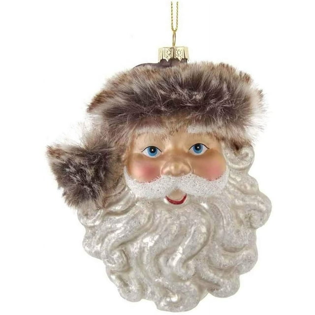 Kurt Adler Santa Head with Brown Faux Fur Hanging Ornament, 5 Inches