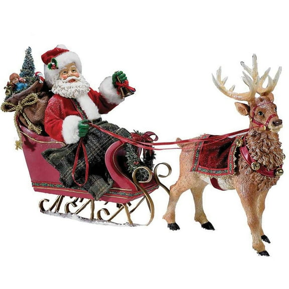 Kurt Adler Fabrich Santa in Sleigh With Deer Standing Christmas Display