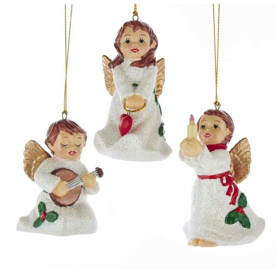 Kurt Adler Set/3 Porcelain Angel Glittered Gold Retro Vintage Christmas Tree Decor Ornaments