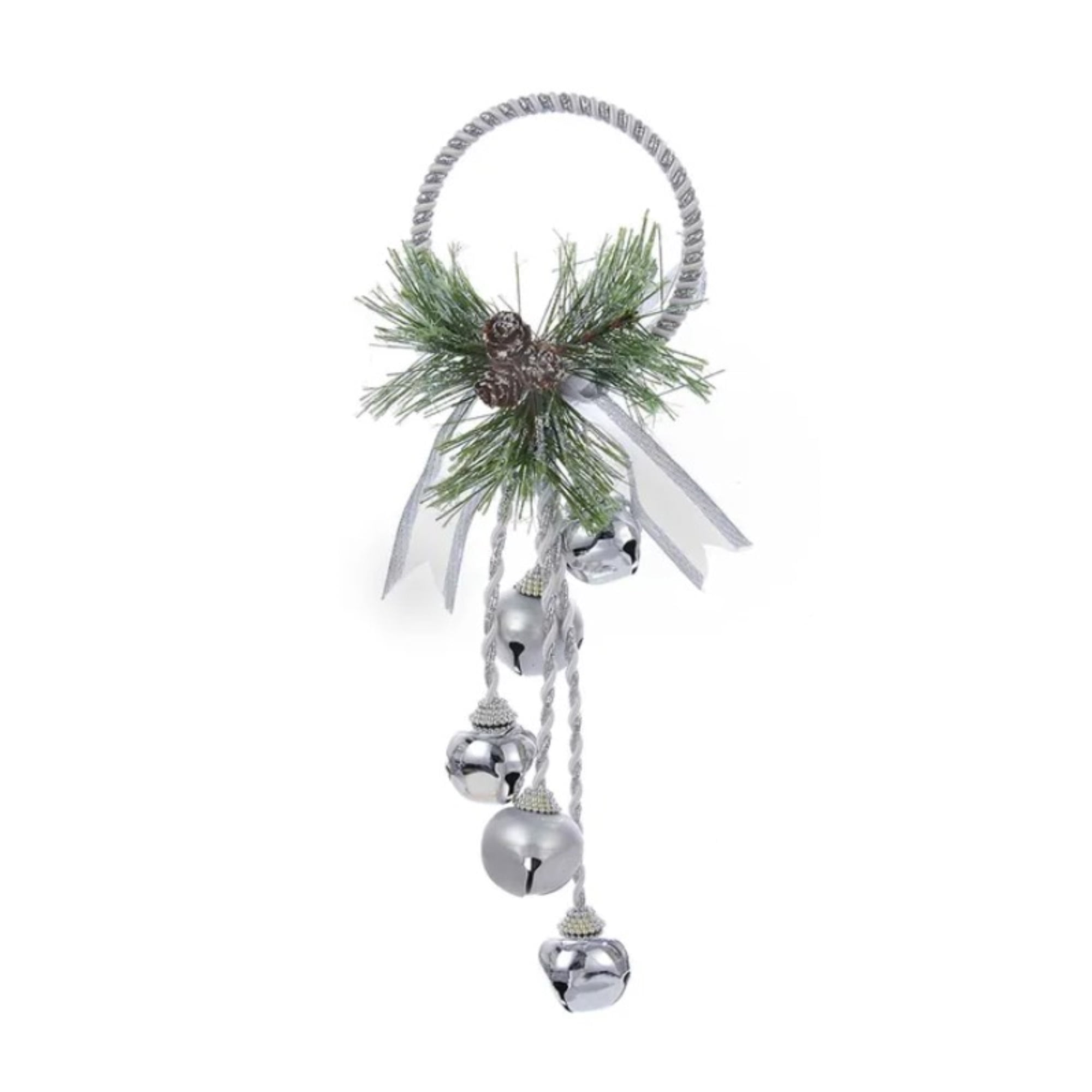 Silver and White Bell Door Hanger with Pinecones and Greens