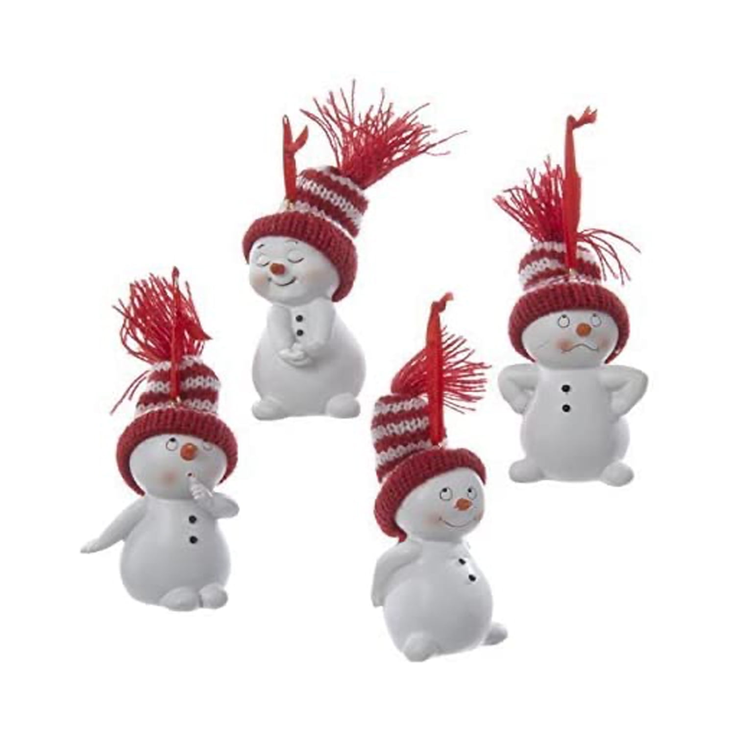 Snowman with Red and White Knitted Hat Christmas Ornament Set