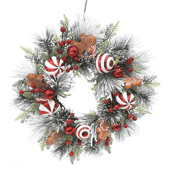 Kurt Adler Un-Lit Gingerbread Themed Flocked Holiday Wreath, 20 in