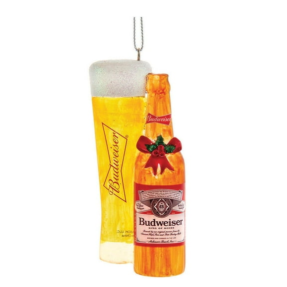 Kurt Adler Yellow and Orange Budweiser Beer Bottle and Glass Christmas Ornament