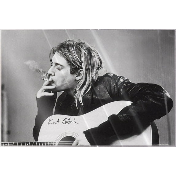 Kurt Cobain - Black & White Music Poster (Smoking With Signed Guitar) (Nirvana) (Size: 36" x 24") (Laminated Poster)