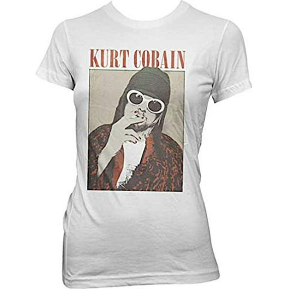 Kurt Cobain Smoking Photo Jr T-Shirt (Large) White