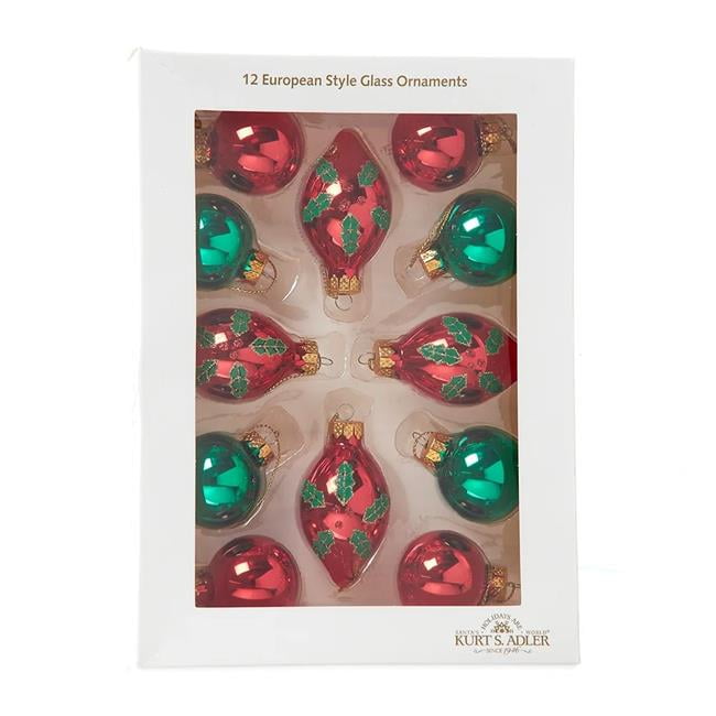 Festive 35mm Glass Green and Red Holly Leaf Ornament Set
