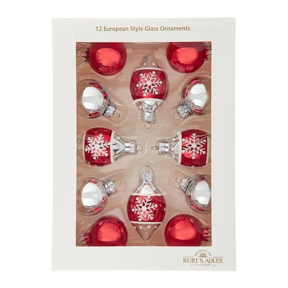 Kurt S. Adler 12 Piece 35 mm Glass Red & Silver with Snowflake Ball Ornament Set