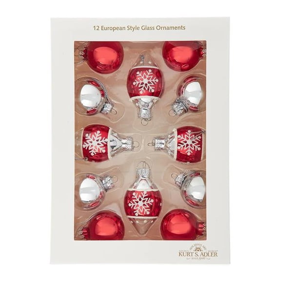 Kurt S. Adler 12 Piece 35 mm Glass Red & Silver with Snowflake Ball Ornament Set