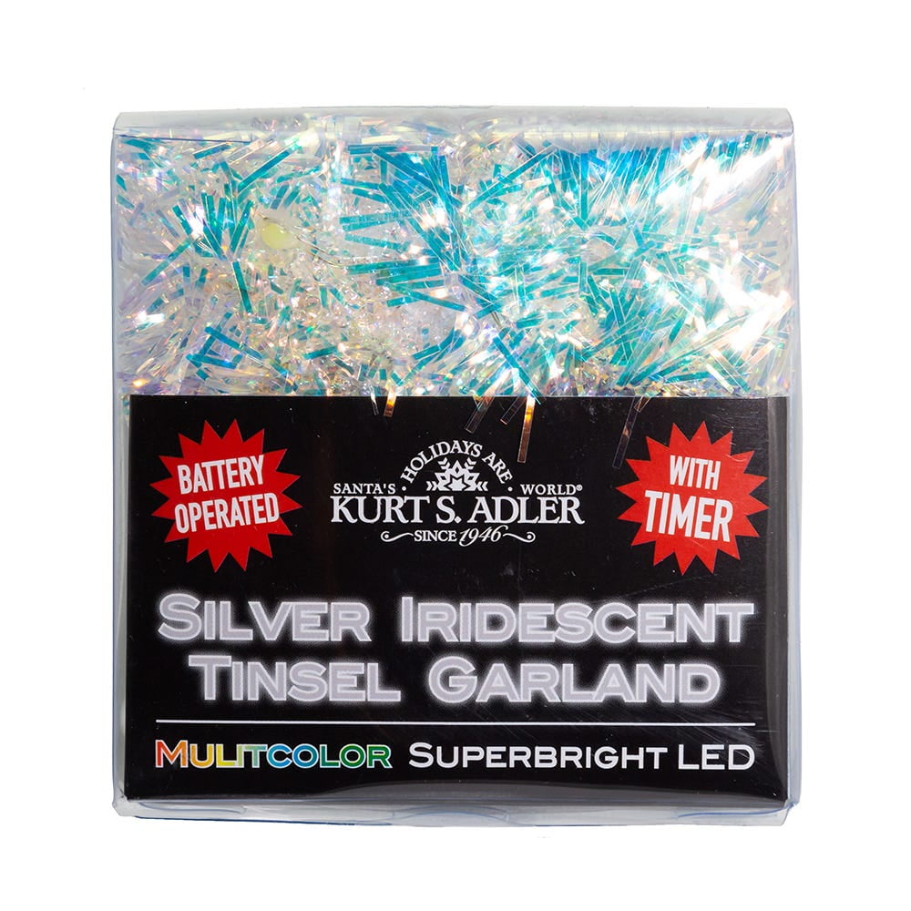 Battery Operated Silver Iridescent Tinsel Garland with Multicolor LED